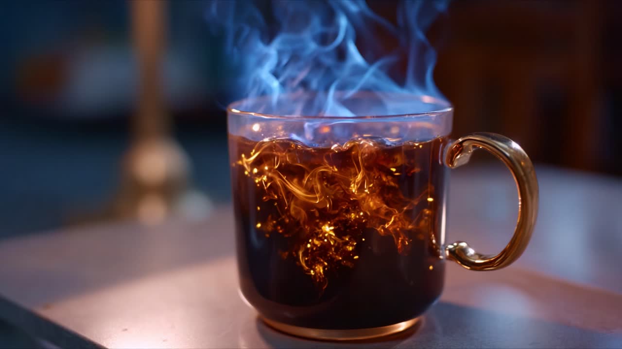 Una mistica tazza di tè con volute luminose e fili di vapore che si alzano delicatamente, creando un'atmosfera incantevole di relax e serenità