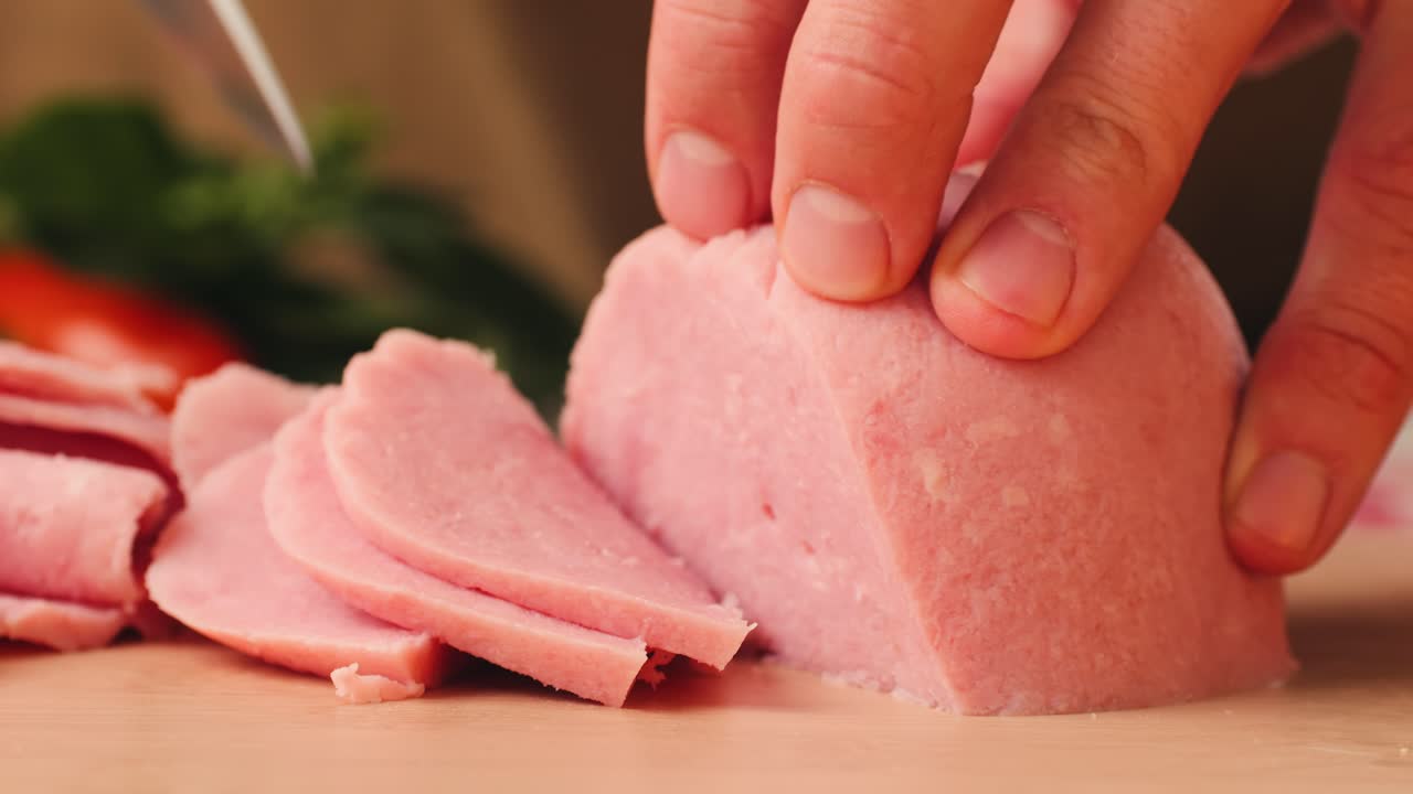 Ham italian mordatella, man Slices Of Traditional Italian antipasti mortadella sausage on a wooden cutting board, close up macro of chicken or turkey jamon, fat breakfast dish.