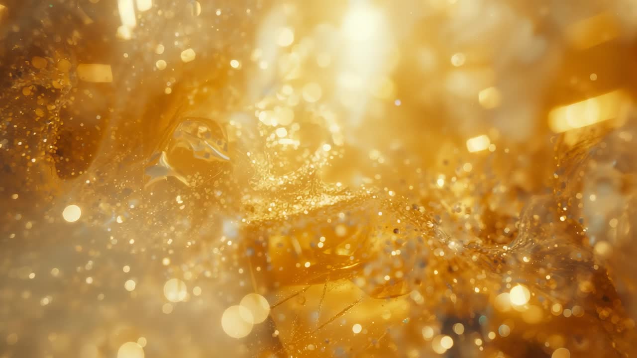 Camera focusing on amber-gold liquid swirling with micro-particles in mist showing highlights