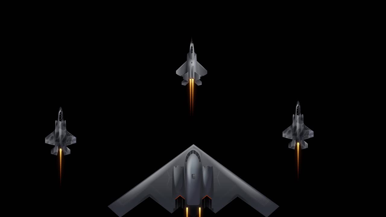 Un bombardiere stealth e quattro aerei da caccia si levano in volo in formazione su uno sfondo nero