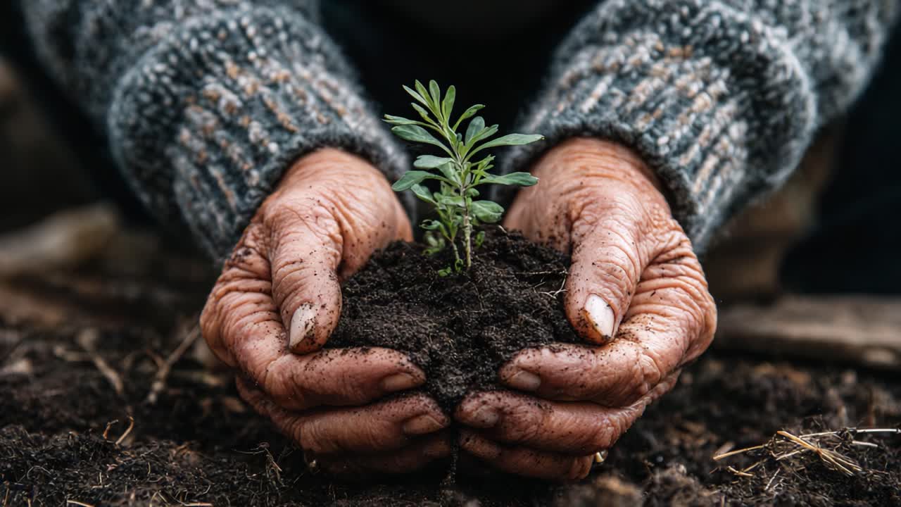 Nurturing Life: Hands Gently Cradling a Young Plant Surrounded by Rich Soil, Symbolizing Growth and Care in the Natural World