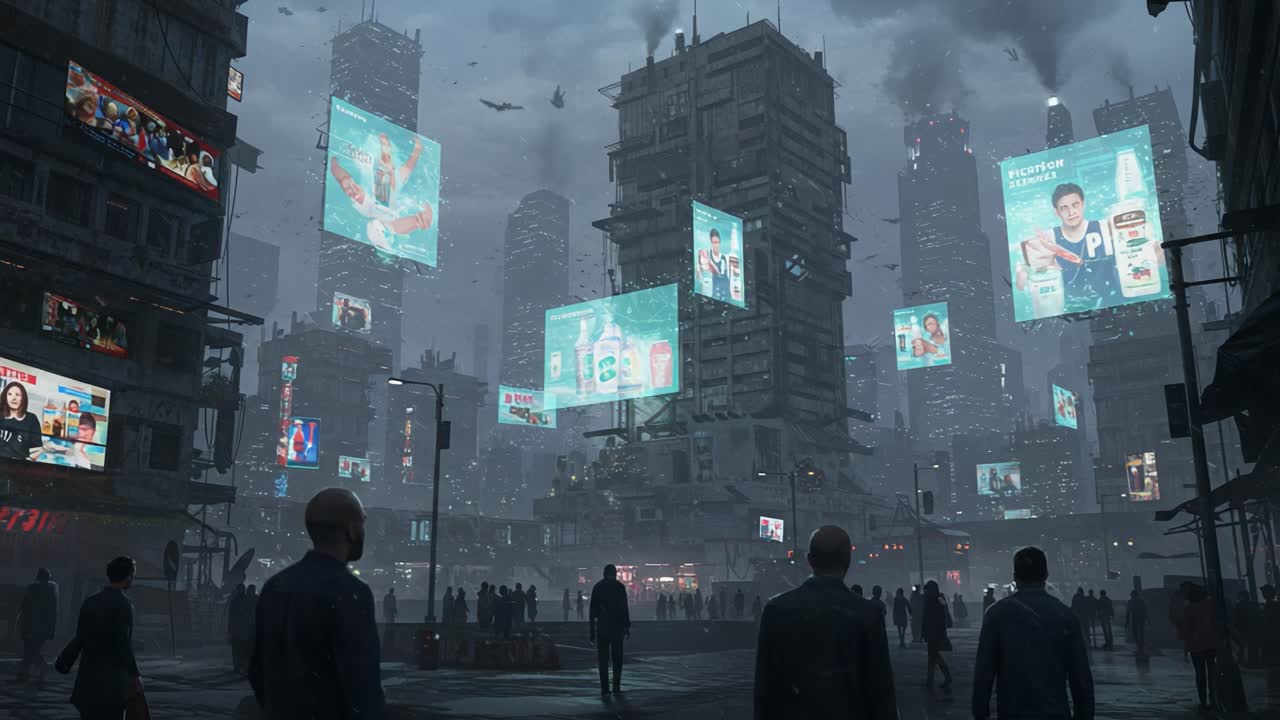 A dystopian cityscape showcasing towering skyscrapers and illuminated advertisements amidst a misty environment, capturing the essence of urban life enshrouded in mystery