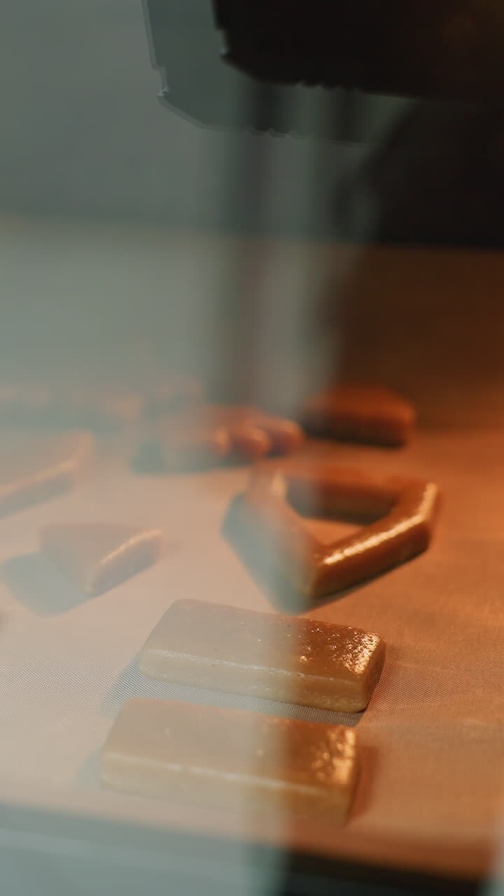 Close-up of cookies in various shapes baking inside an oven seen through oven glass door, warm light glowing from oven as cookies are being baked on a parchment paper-lined tray
