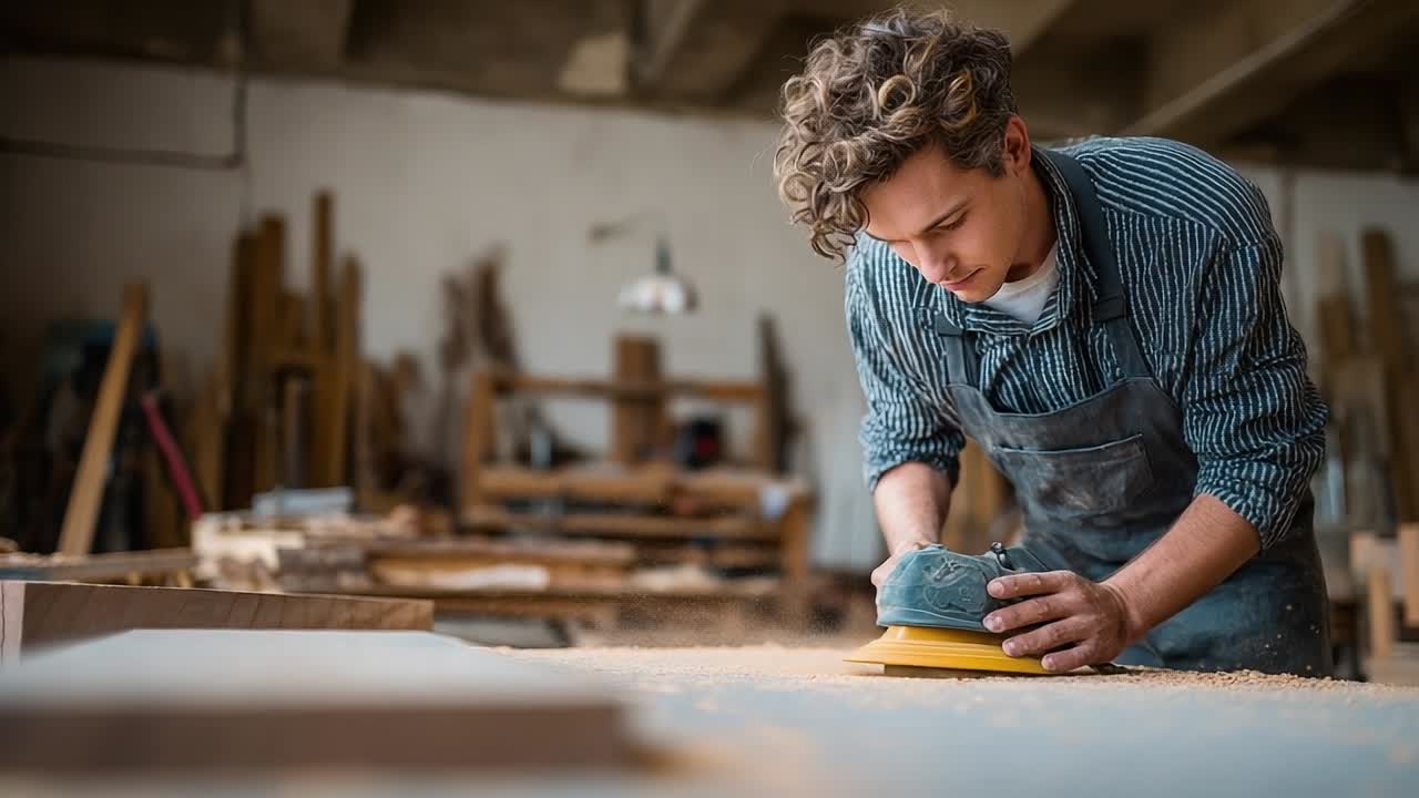 Woodworker carefully sanding a piece of lumber in a workshop