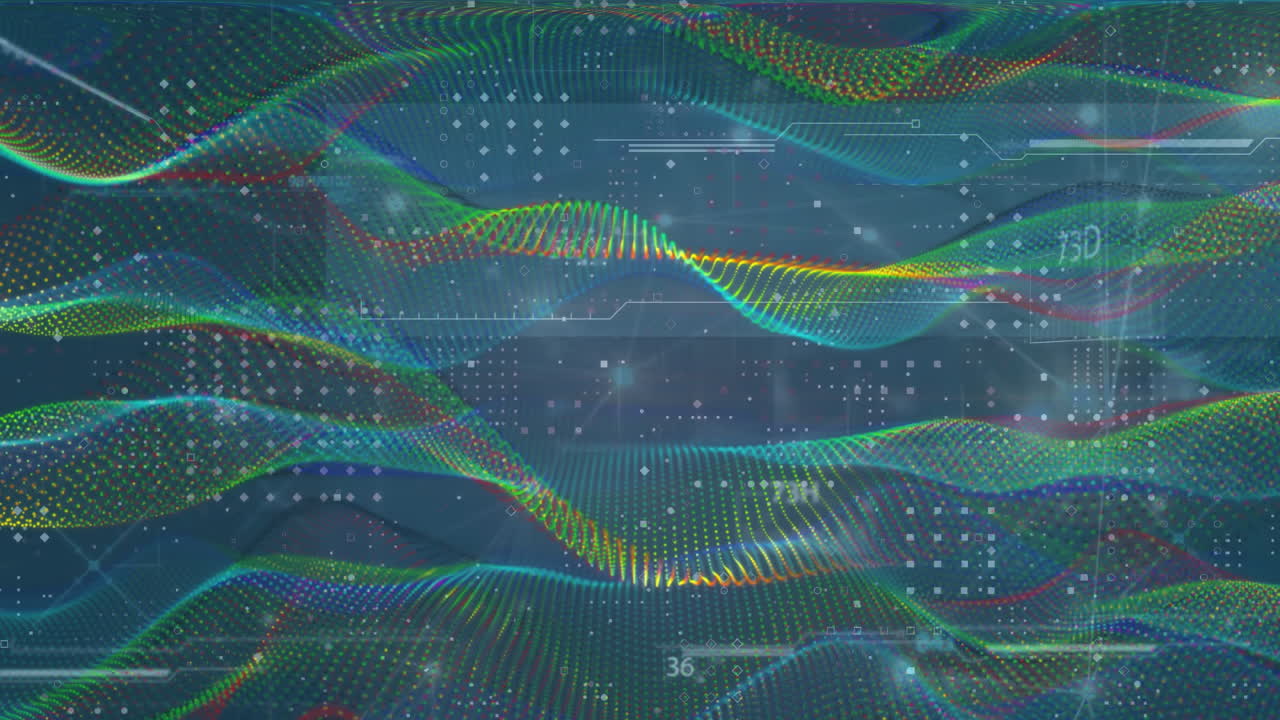 Animation of dynamic wave patterns with changing numbers, dots against abstract background