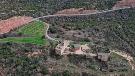 tilt up view of rialb complex and viewpoint with surrounding rural landscape, lleida in spain