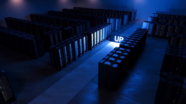 Modern Server Room with Glowing 'UP' Sign