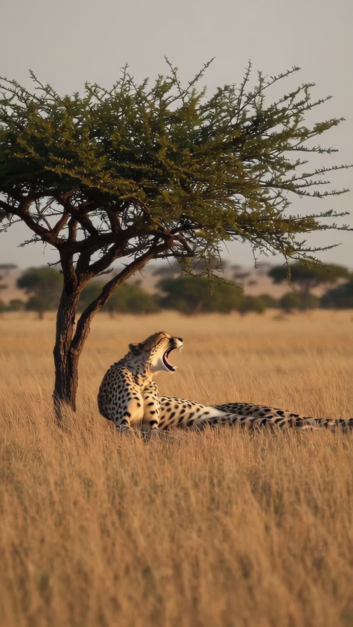 Cheetah resting under a tree in the savanna