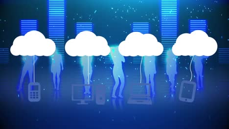 Animation-of-clouds-and-digital-icons,-women-dancing-over-graphic-music-equalizer