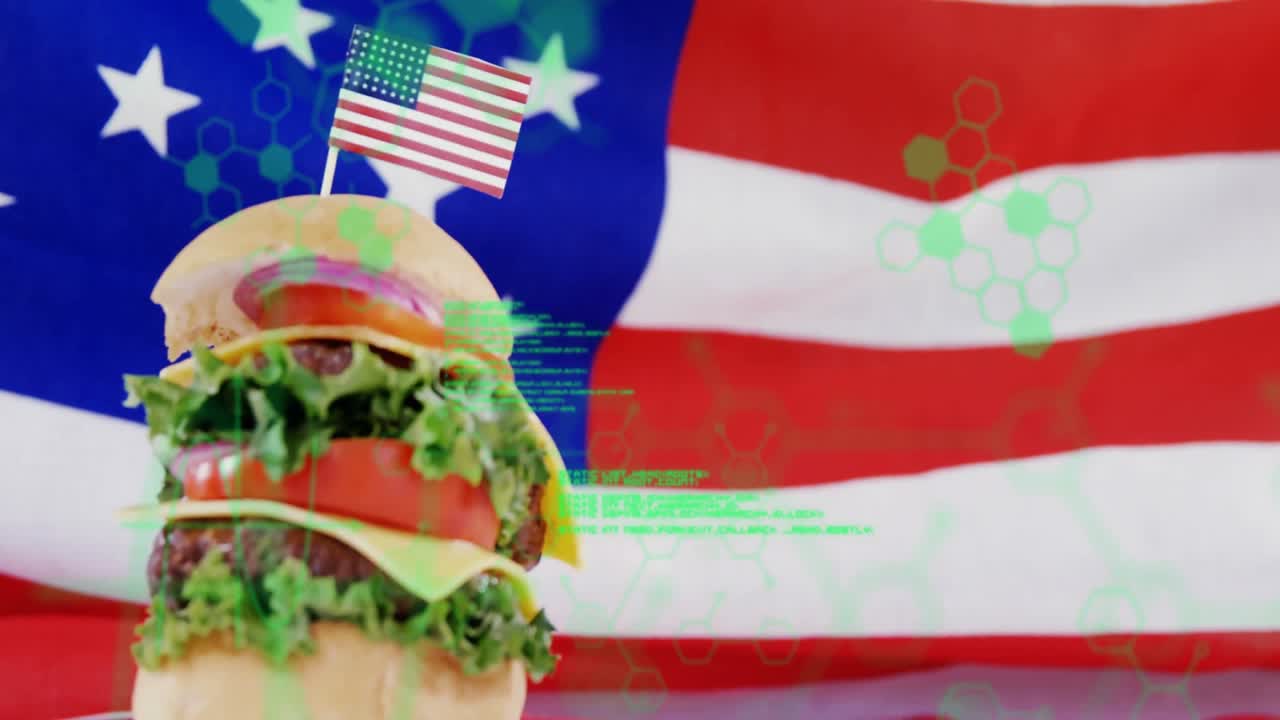 Flag-topped hamburger gaining clarity while green hexagons fading causing scrolling code overlay