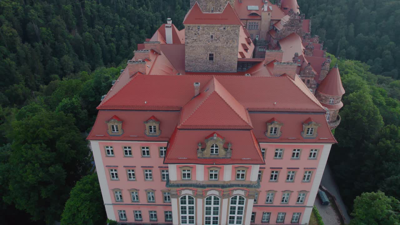 Aerial View of a Majestic Pink Castle