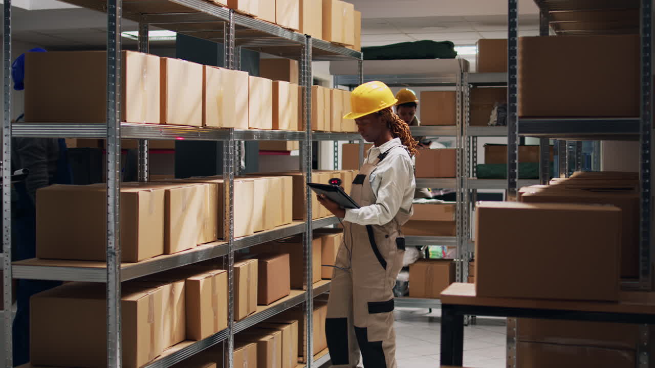 Warehouse worker scanning inventory with boxes on shelves