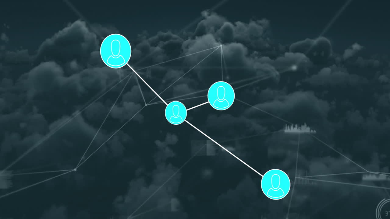Connected user icons forming network, floating over dark cloud animation backdrop