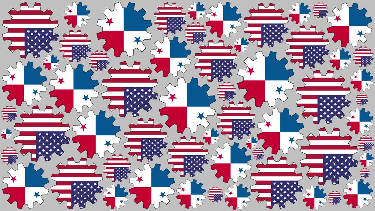 Sfondo con ingranaggi rotanti delle bandiere americana e panamense.