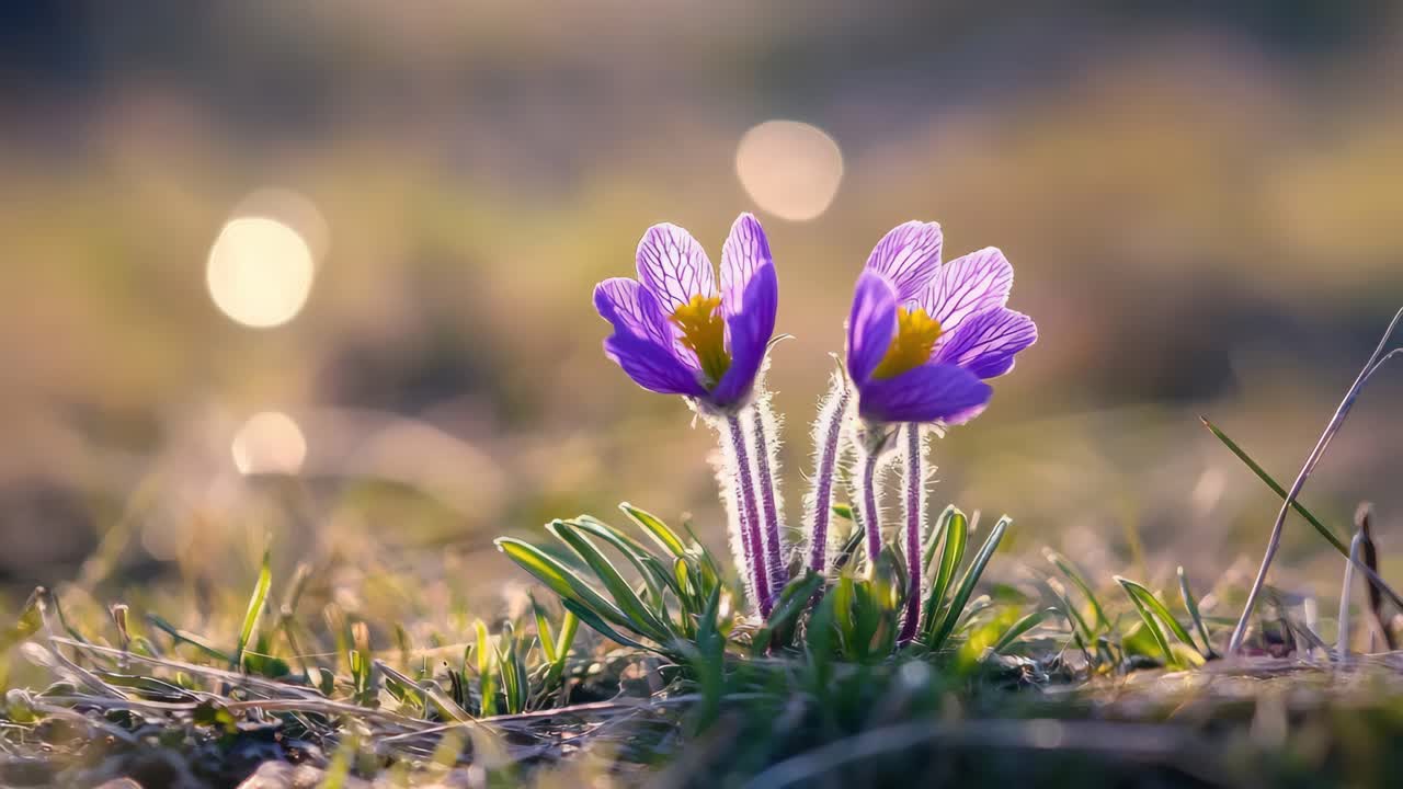 Close-up video of purple flowers in soft focus, captured at ground level