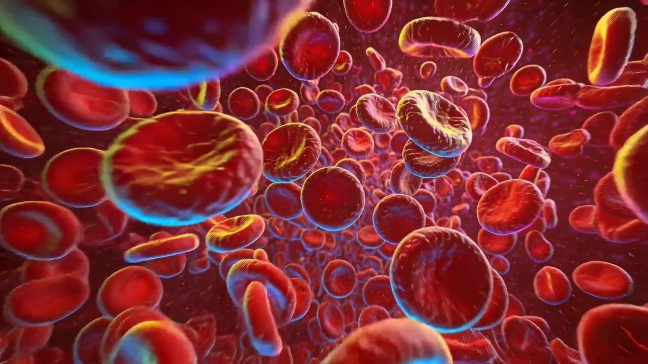Moving cam through vessel, red cells drifting, rotating with neon rims, plasma specks showing depth