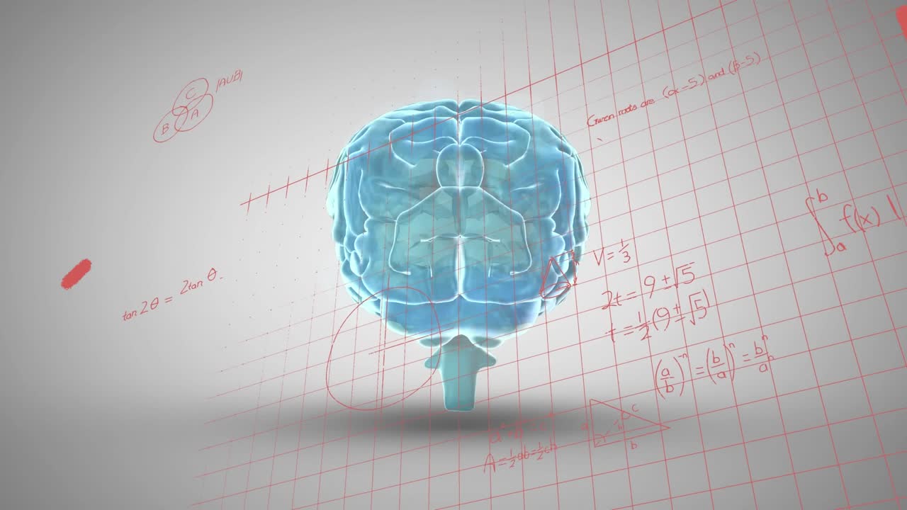 Animation of mathematical equations and diagrams on grid pattern over human brain