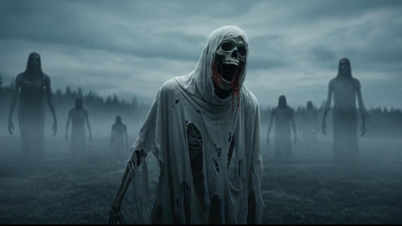A haunting scene unfolds as an eerie group of skeletal figures emerges from the mist, their sinister presence wrapping the landscape in an unsettling and macabre atmosphere