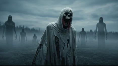 a haunting scene unfolds as an eerie group of skeletal figures emerges from the mist, their sinister presence wrapping the landscape in an unsettling and macabre atmosphere