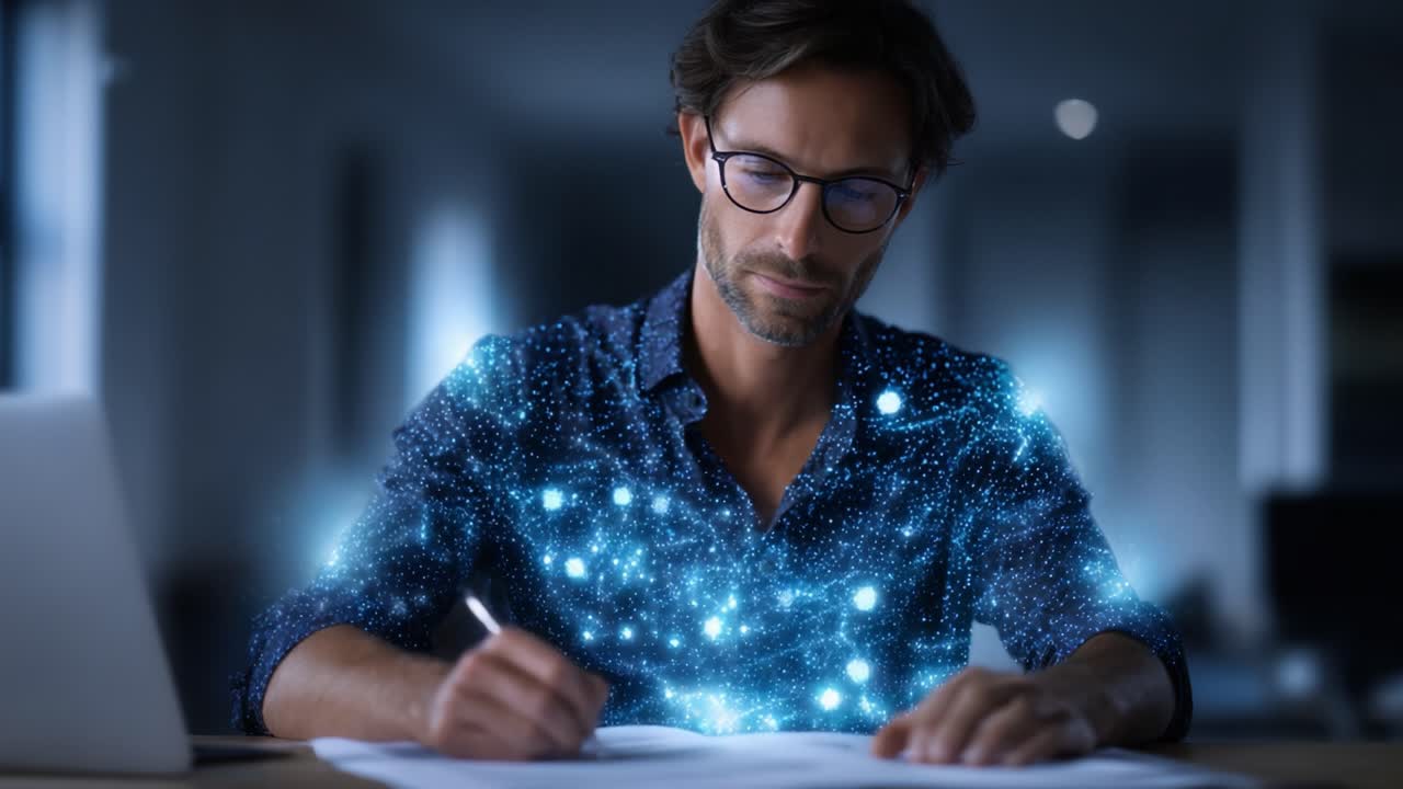 Un hombre concentrado en una habitación con luz tenue se dedica a la escritura creativa, rodeado de un despliegue visualmente impresionante de partículas brillantes y elementos cósmicos, que reflejan su imaginación