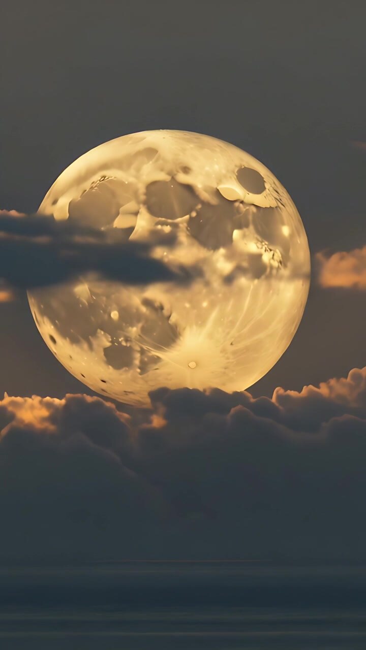 Vídeo vertical: Faixa de nuvens em movimento revelando lua cheia nascendo sobre mar calmo, iluminando as nuvens.