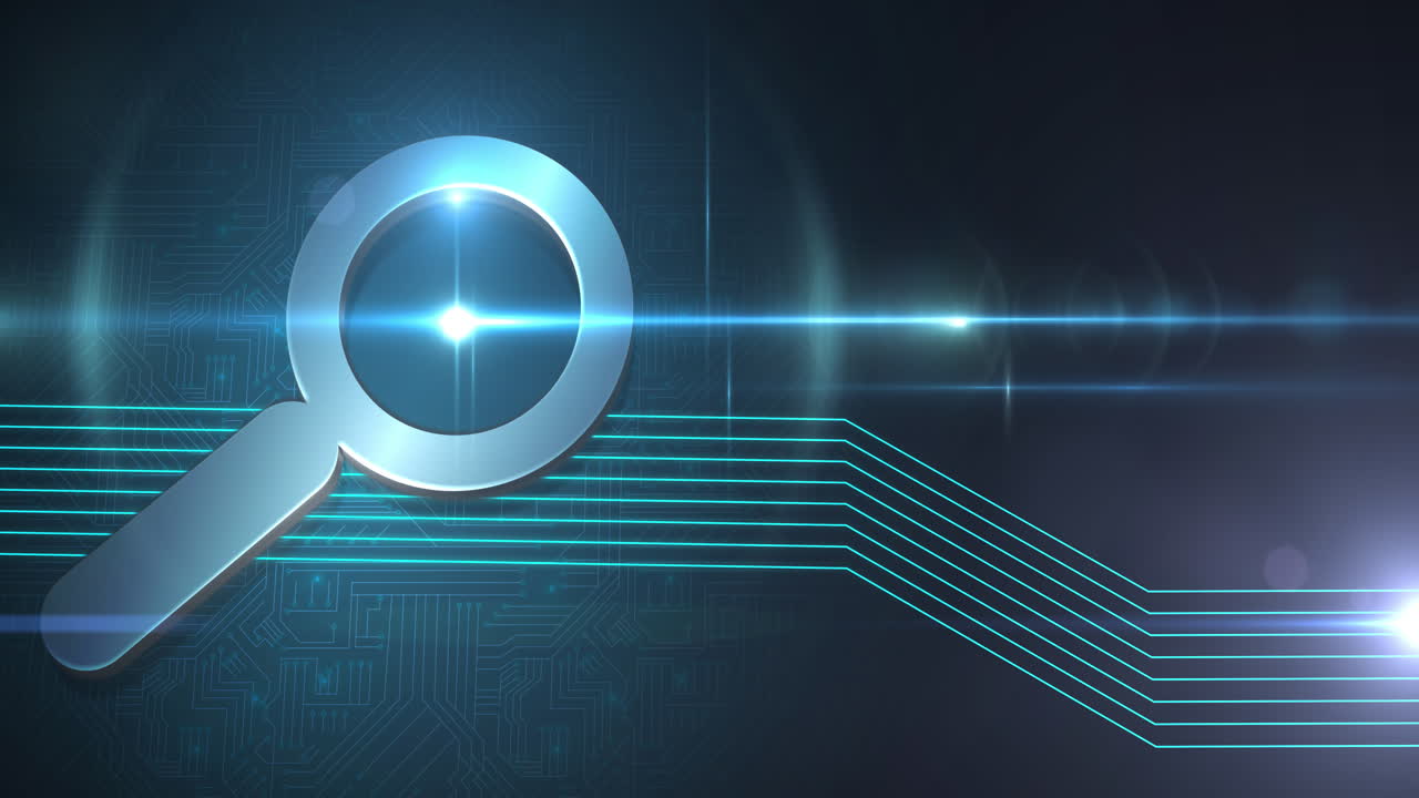 animación del símbolo del bucle de búsqueda y las líneas brillantes verdes sobre la placa de circuitos de la computadora