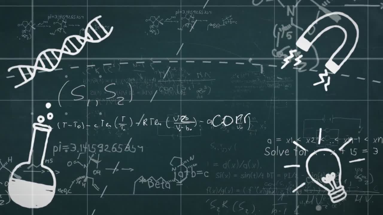 animación digital de múltiples iconos de conceptos científicos sobre ecuaciones matemáticas en un fondo negro