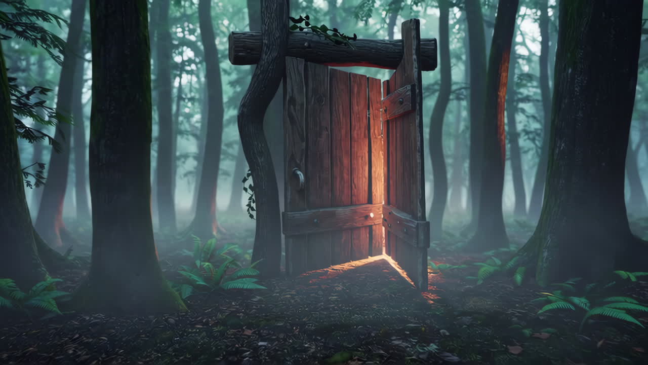 Mysterious Wooden Doorway Bathed in Light in an Enchanted Forest