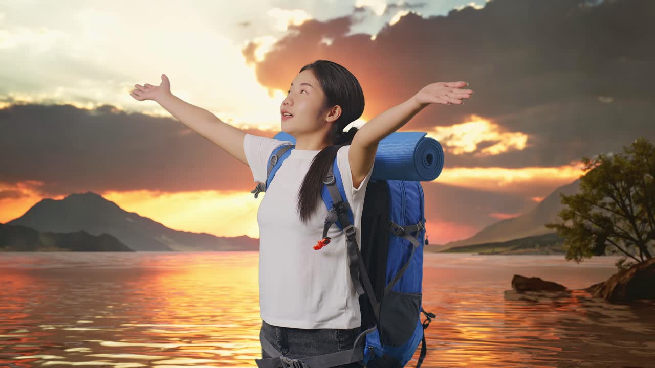 vista lateral de una excursionista asiática con una mochila de montañismo abriendo los brazos disfrutando de la vista alrededor de un lago
