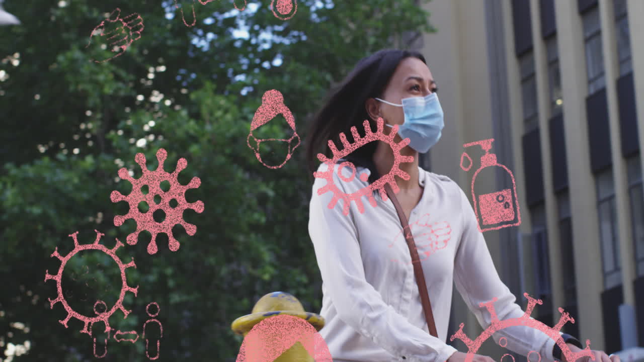 얼굴 마스크를 쓰고 자전거를 타고 있는 여성에 대해 떠다니는 여러 코로나19 컨셉 아이콘