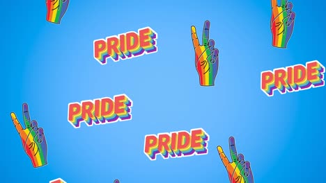 animation of rainbow v signs and pride texts on blue background
