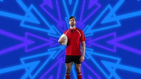 animatie van een blanke mannelijke amerikaanse voetballer met bal over vormen