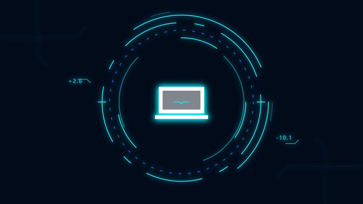 Icona di laptop digitale con elementi di interfaccia HUD futuristici