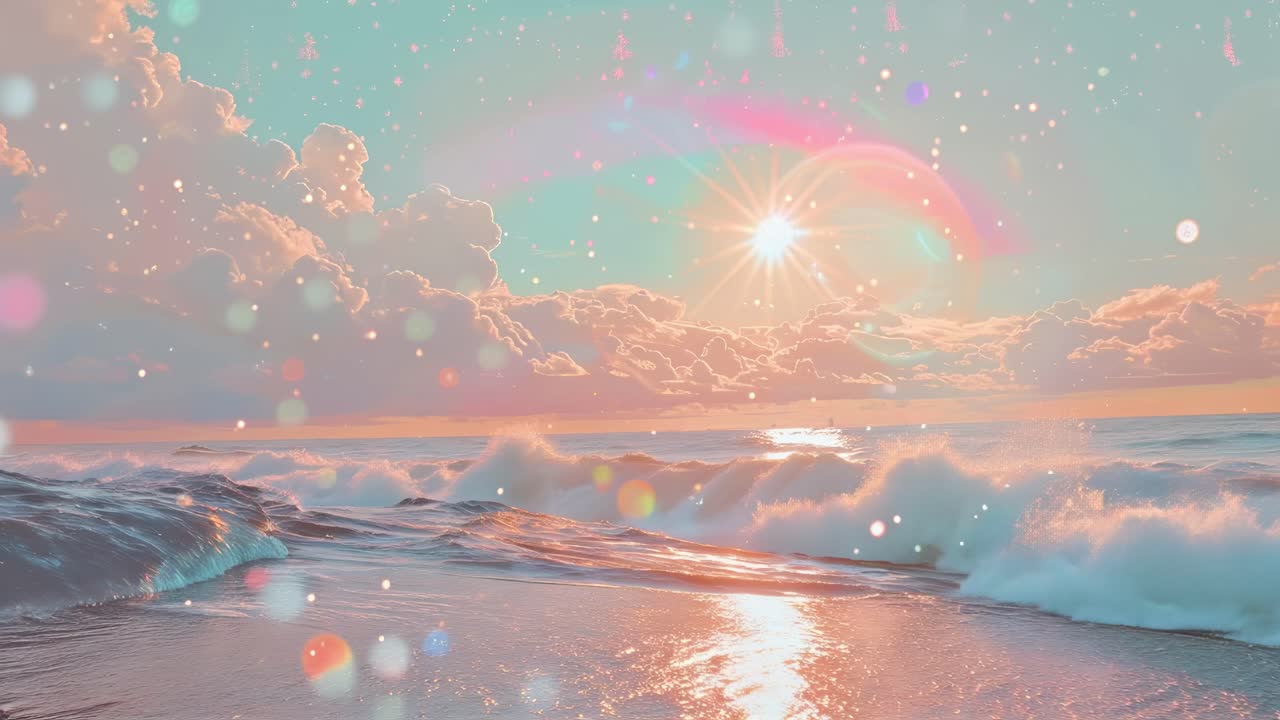 A dreamy, pastel-hued seascape with sunlight reflecting on waves