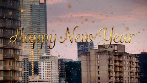 Animation-of-new-year-greetings-with-orange-spots-falling-over-cityscape-background