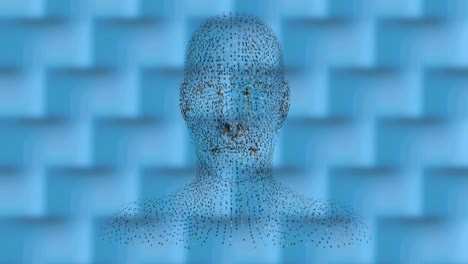 digital animation of human face model spinning against textured pattern on blue background