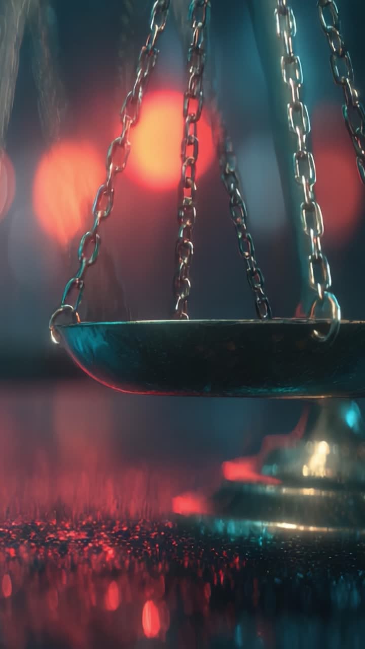 Uno sguardo alla giustizia: la bilancia in equilibrio simboleggia la legge e l'equità sotto luci brillanti, riflettendo le profondità dell'integrità giudiziaria e dell'etica in un ambiente vivace