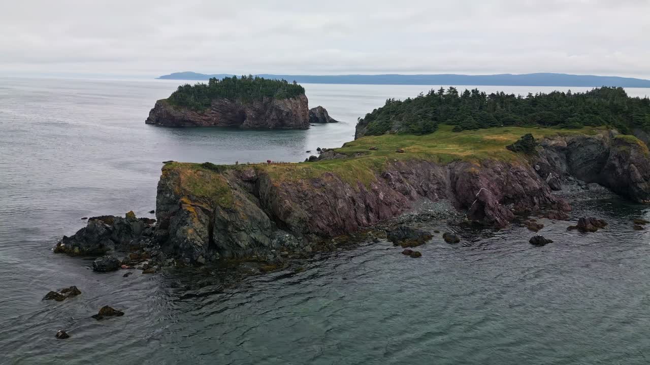 A drone glides over Chance Cove's rugged headland with green grass and rocky cliffs jutting into the calm ocean under an overcast sky