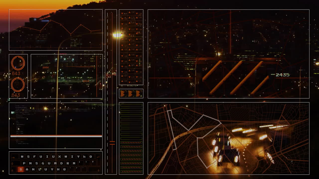 Animazione dell'elaborazione di dati finanziari su un paesaggio urbano