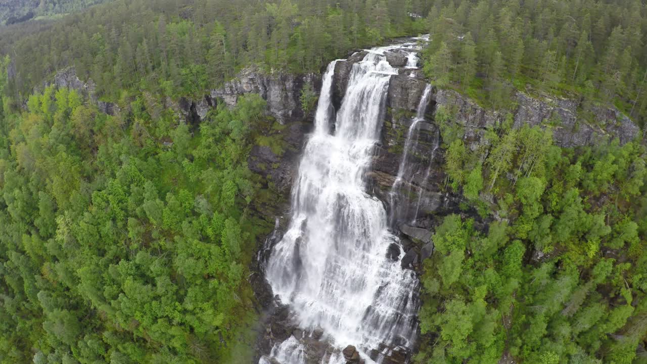 Aerial footage from Tvindefossen waterfall from the bird's-eye view, Norway