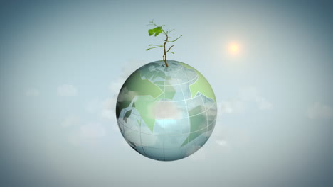 plant blooms on green globe surrounded by clouds in sunlight