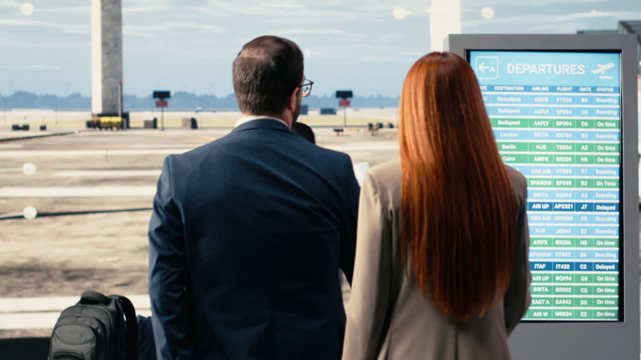 Colegas executivos lado a lado no aeroporto, preparando-se para uma viagem de negócios.