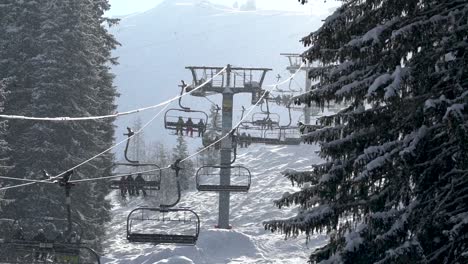 chairlifts in operation while snow falls from trees