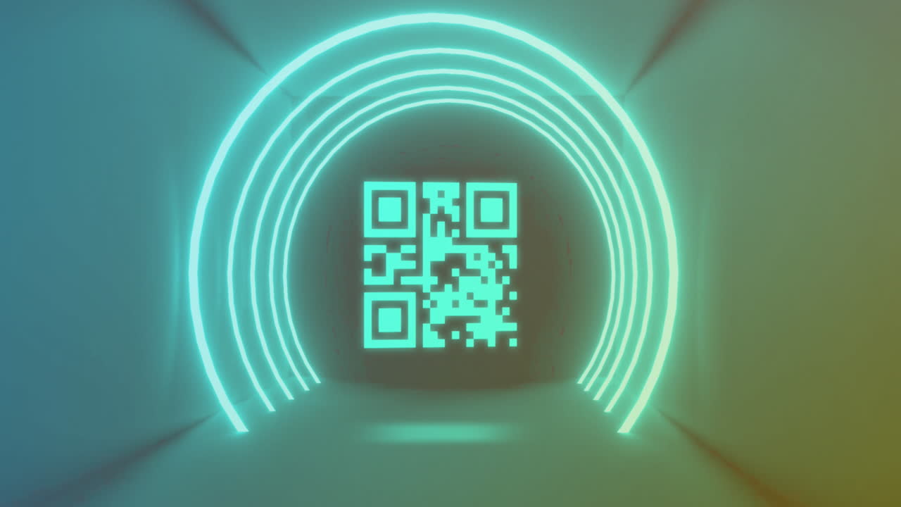 Animation of neon qr code scanner and light trails against blue background