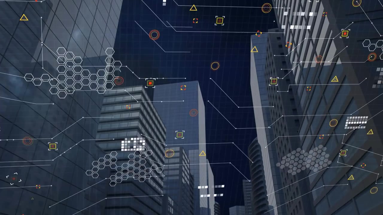 Animation of data processing over cityscape