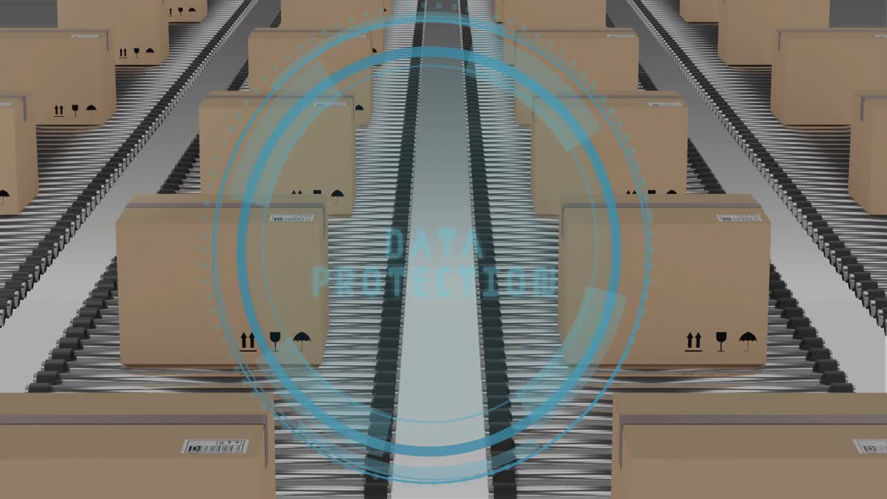 Starting conveyor moving, DATA PROTECTION text fading, pulsing scanning rings crossing moving boxes