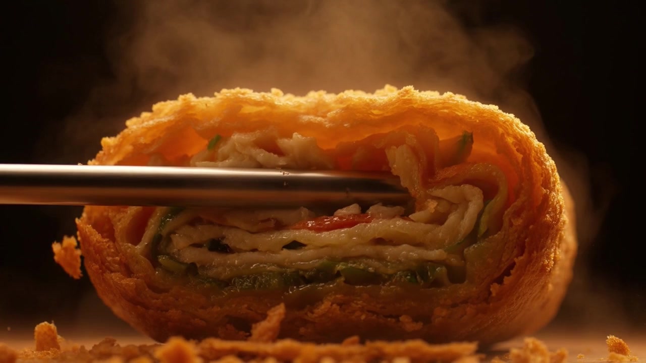 Spiedino di metallo che trafigge un involtino fritto croccante e fumante