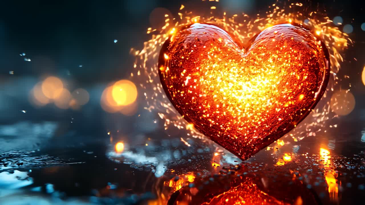 A heart is lit up with fire and surrounded by a blurry background. Concept of warmth and passion, as the heart is the symbol of love and the fire represents the intensity of emotions