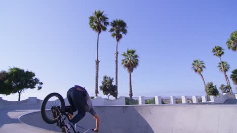 a bmx bike rider does a jump and rides the wall at a skatepark