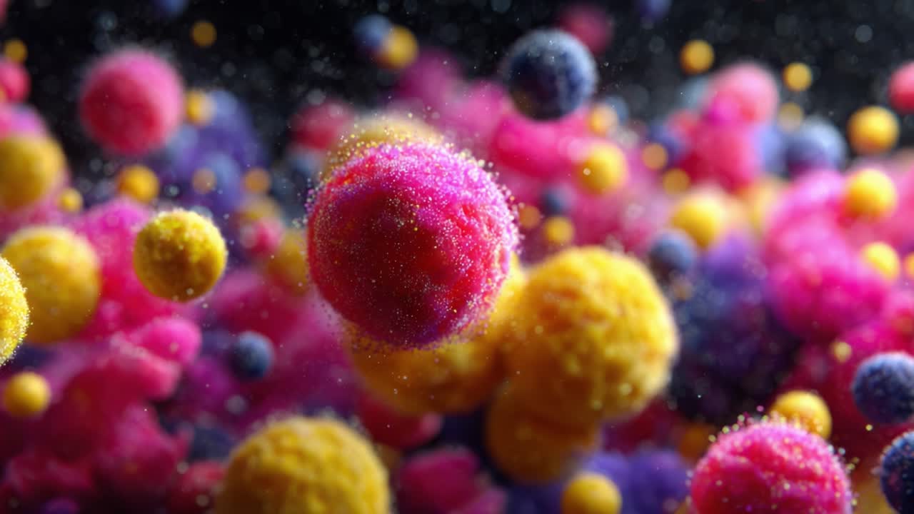 A Vibrant Explosion of Colorful Spheres in Abstract Form, Showcasing a Dynamic Landscape of Textured Particles Against a Dark Background